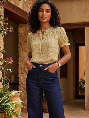 Max Studio Yellow Floral Ruffle Tie-Neck Blouse